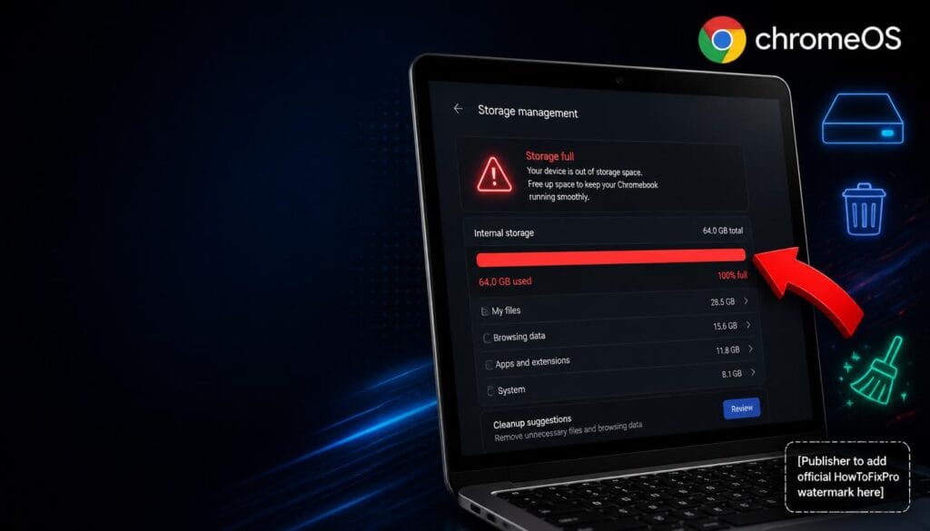 chromebook low storage free up space displayed on laptop with storage management settings