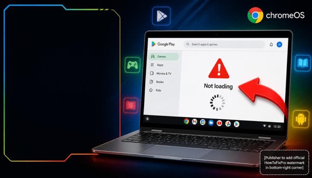 chromebook play store not loading displayed on laptop with loading spinner