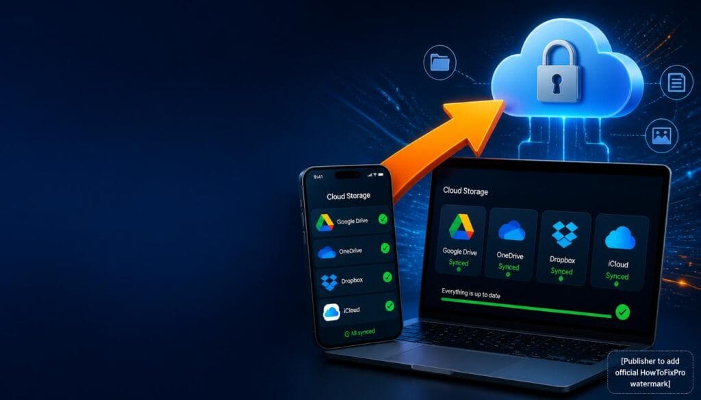 Cloud storage fixes hub showing cloud app icons and troubleshooting guide.
