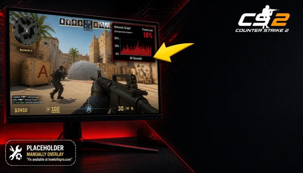CS2 packet loss red network graph displayed on a gaming monitor with red spikes indicating packet loss.