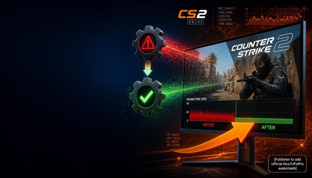 CS2 stuttering fix guide showing frametime graph improvement and troubleshooting graphics.