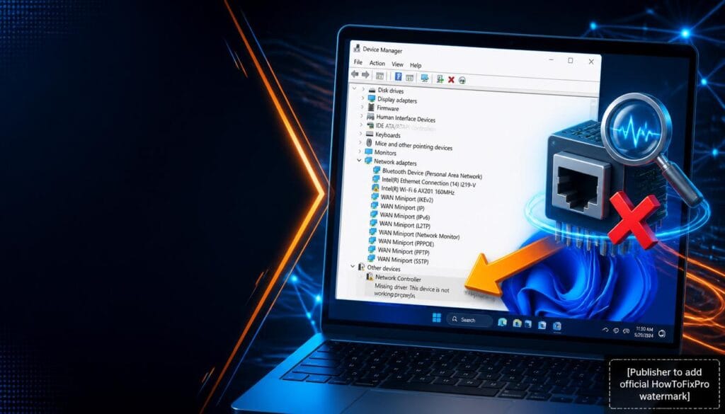 Device Manager network adapter missing guide showing yellow exclamation mark and troubleshooting graphics.