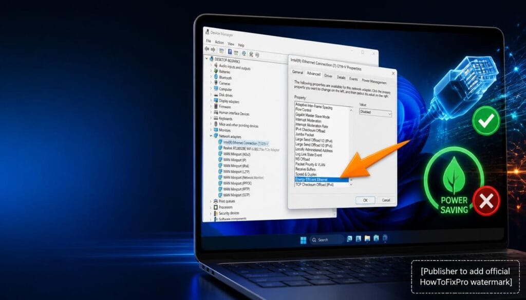 Disable EEE Windows 11 network fix guide showing Device Manager with Energy Efficient Ethernet set to Disabled.
