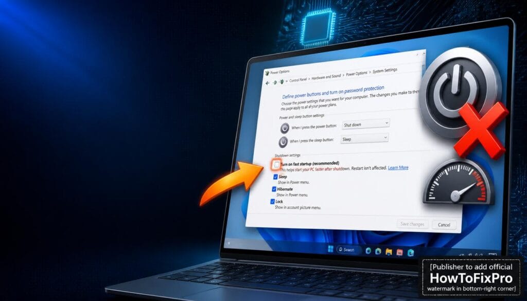 Disable Fast Startup Windows 11 guide showing Power Options with fast startup checkbox unchecked.