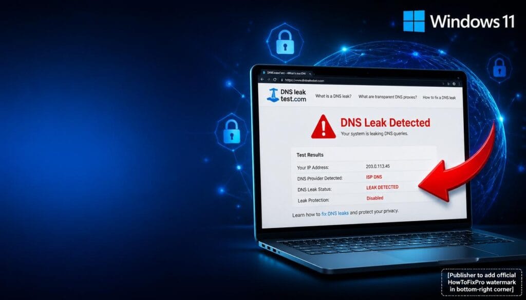 DNS Leak Test and Fix results displayed on Windows 11 with DNS leak detection warning