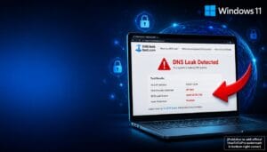 DNS Leak Test and Fix results displayed on Windows 11 with DNS leak detection warning