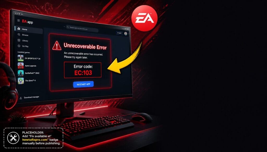 EA App Unrecoverable Error displayed on a gaming monitor with a red warning message.