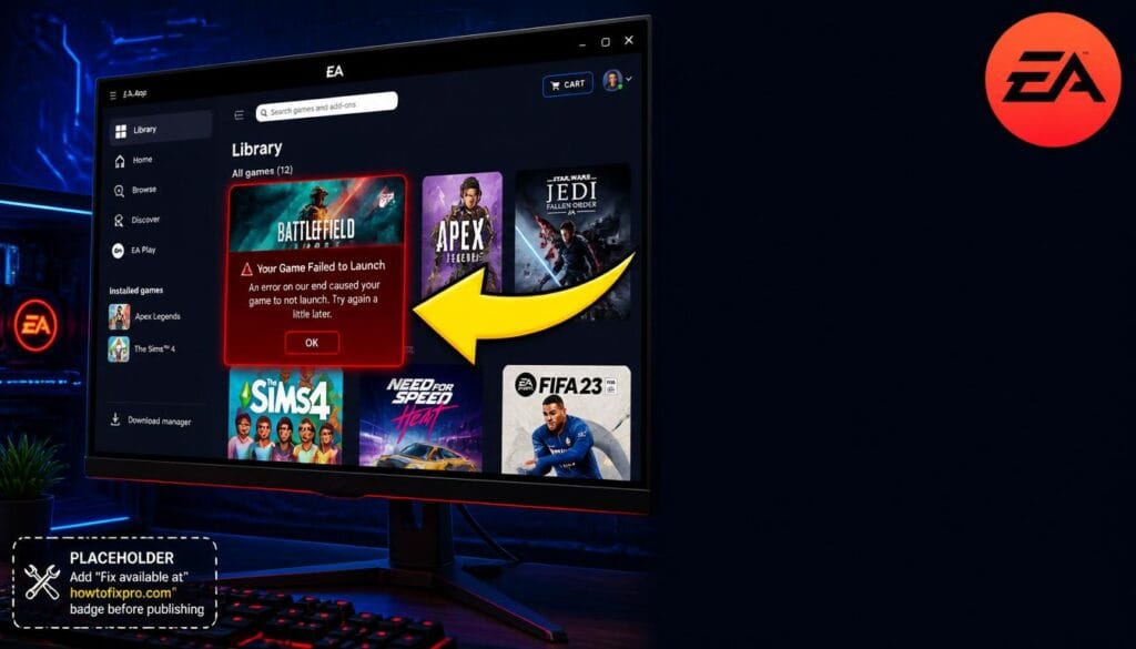 EA App Your Game Failed to Launch error displayed on a gaming monitor with a red warning message.