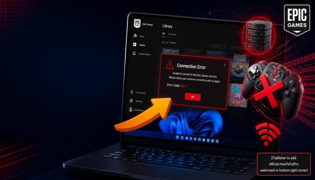 Epic Games Launcher connection errors fix guide showing error message and troubleshooting graphics.