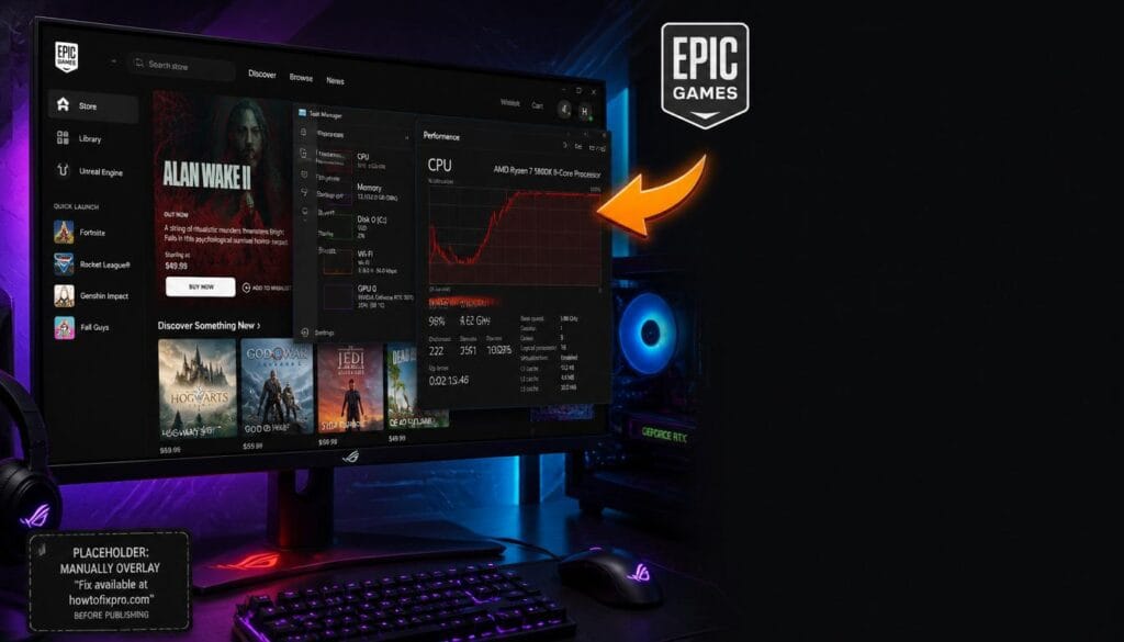Epic Games Launcher high CPU usage displayed in Windows Task Manager with a red warning indicator.