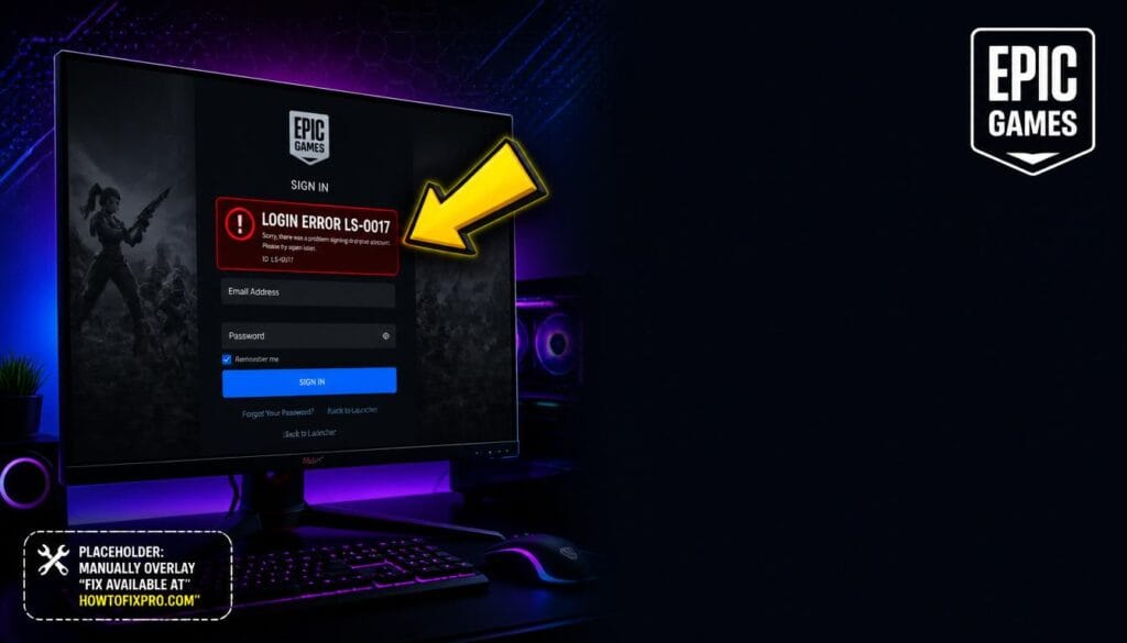 Epic Games Store login error LS-0017 displayed on a gaming monitor with a red warning message.
