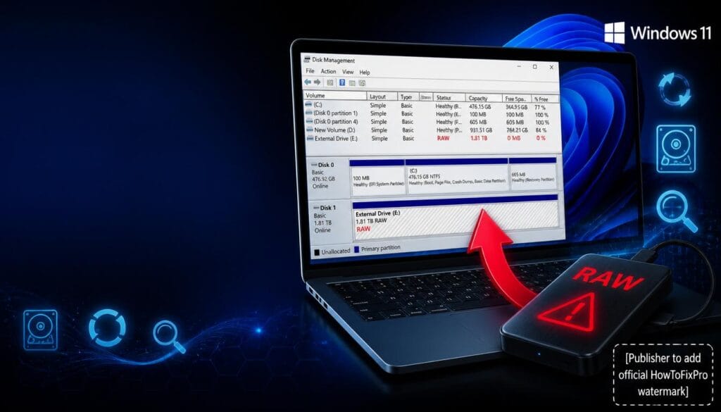 external hard drive shows raw file system displayed in Windows 11 Disk Management with warning