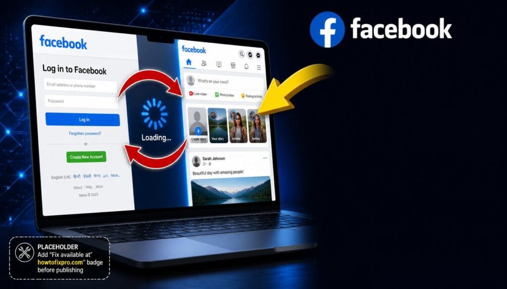 Facebook login loop error displayed on a laptop screen with a loading spinner and redirect arrows.