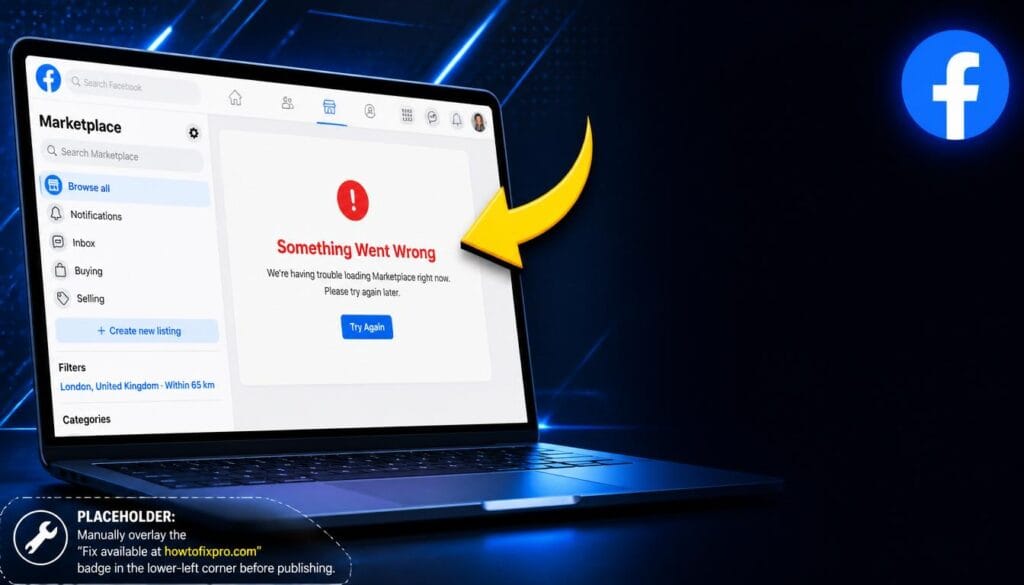 Facebook Marketplace not working error displayed on a laptop screen with a loading issue.