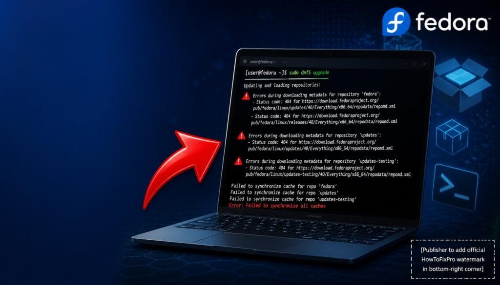 fedora 41 dnf5 package manager errors displayed on laptop screen with terminal warnings