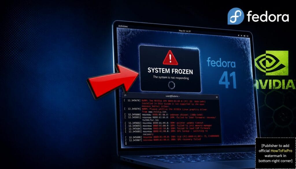 fedora 41 nouveau driver causing system freeze displayed on laptop with frozen desktop