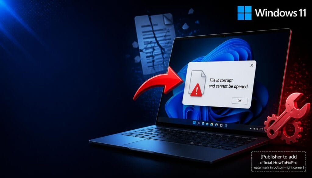 file is corrupt and cannot be opened error displayed on Windows 11 with warning