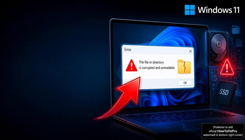 file or directory corrupted and unreadable error displayed on Windows 11 with warning