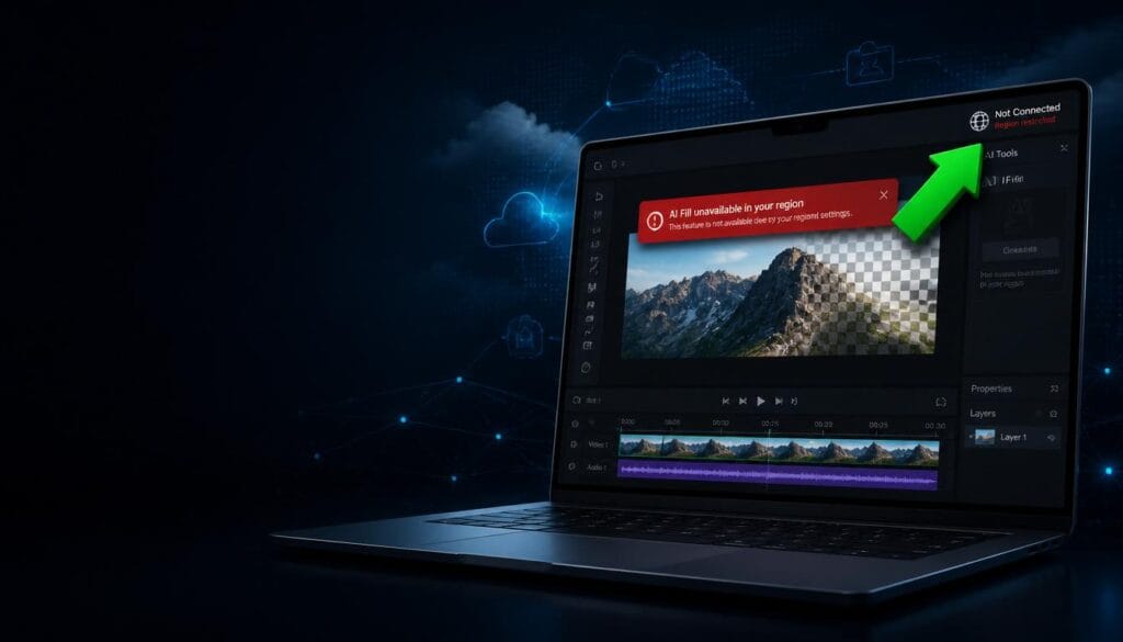 adobe firefly generative fill not available in your region bypass displayed on laptop with VPN connection