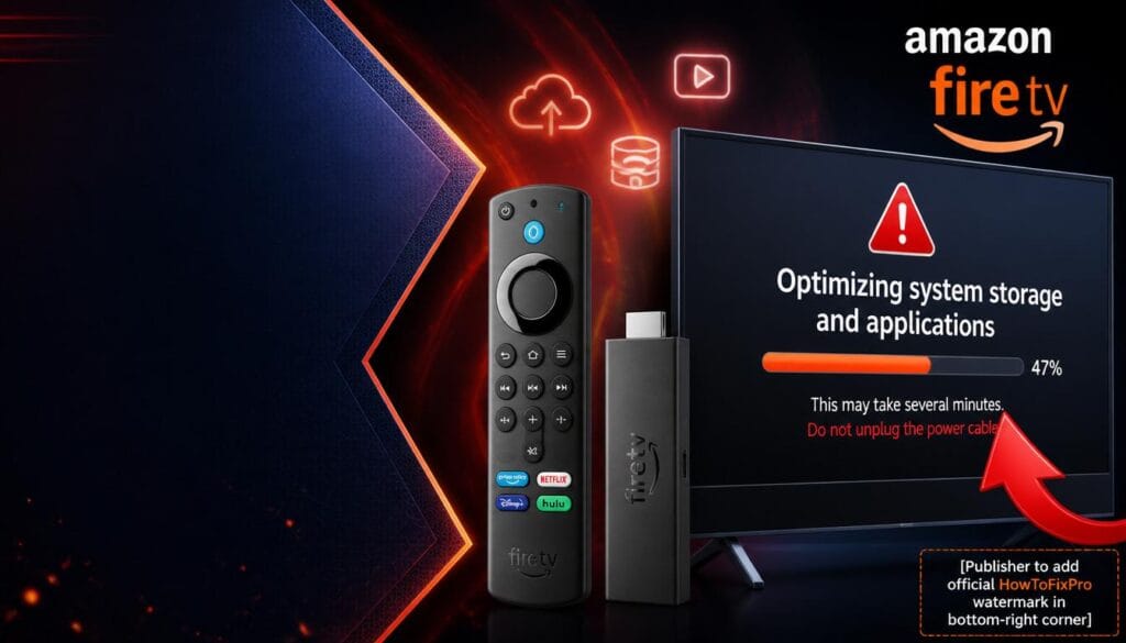 firestick stuck on optimizing storage displayed on TV screen with progress bar