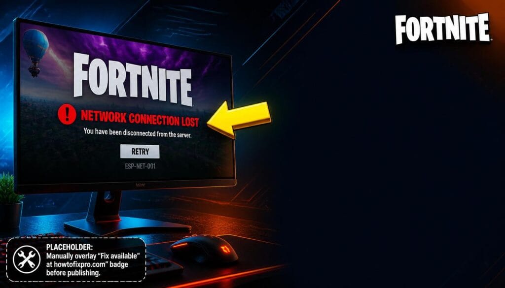 Fortnite Network Connection Lost error displayed on a gaming monitor with a red warning message.