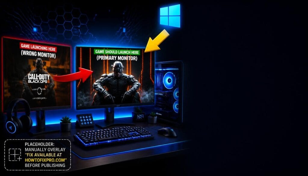 Games launching on the wrong monitor with a red arrow pointing from the secondary to the primary display.