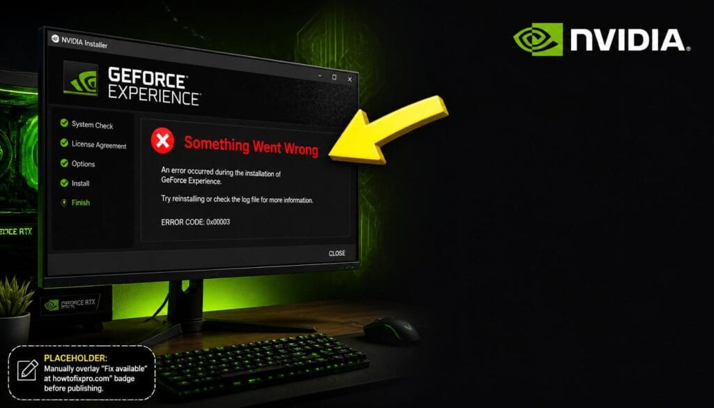 GeForce Experience Something Went Wrong error displayed on a gaming monitor with a red warning message.