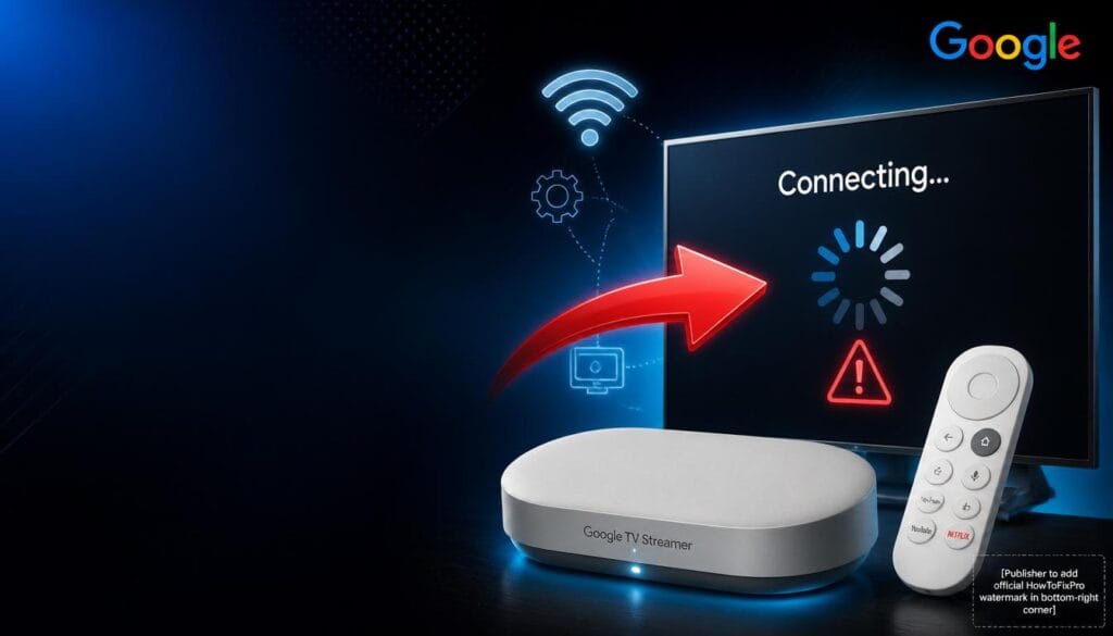 google tv streamer setup stuck on connecting displayed on TV screen with loading spinner
