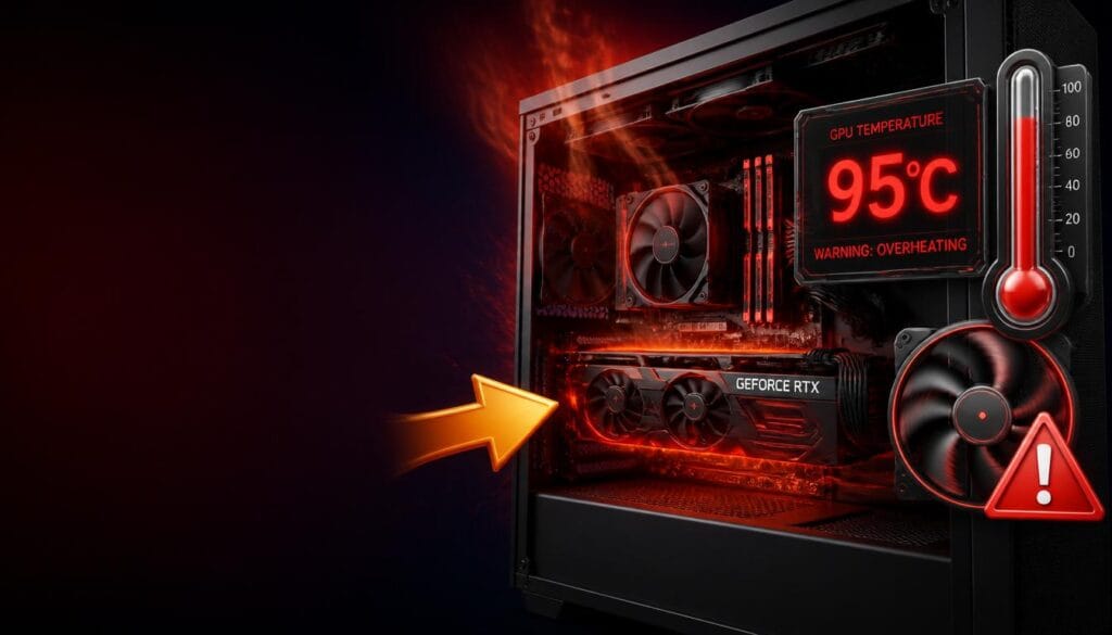 GPU overheating guide showing graphics card with temperature warning and cooling troubleshooting interface.