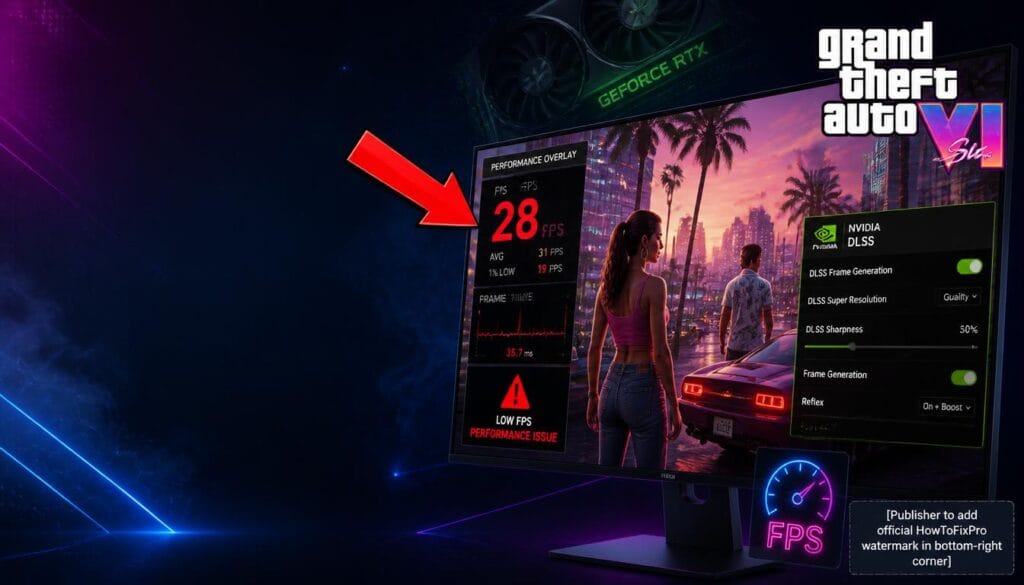 gta 6 low fps on high-end pc displayed on gaming monitor with performance overlay
