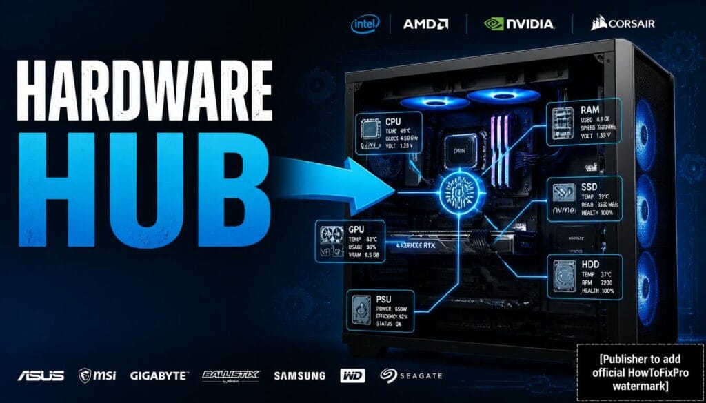 hardware and pc troubleshooting hub displayed on desktop PC with CPU, GPU, RAM, SSD icons