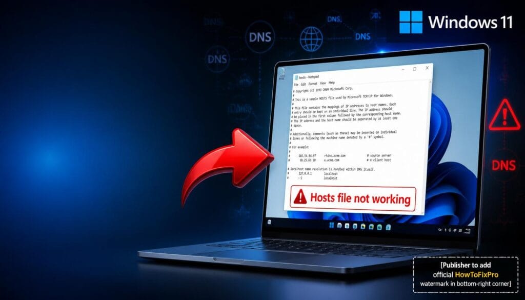 Hosts File Not Working After Windows 11 24H2 Update displayed in Notepad with error message