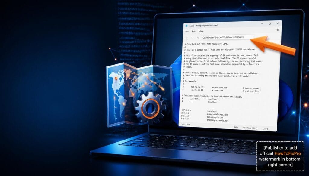 Hosts file Windows 11 guide showing Notepad with hosts file entries and troubleshooting graphics.