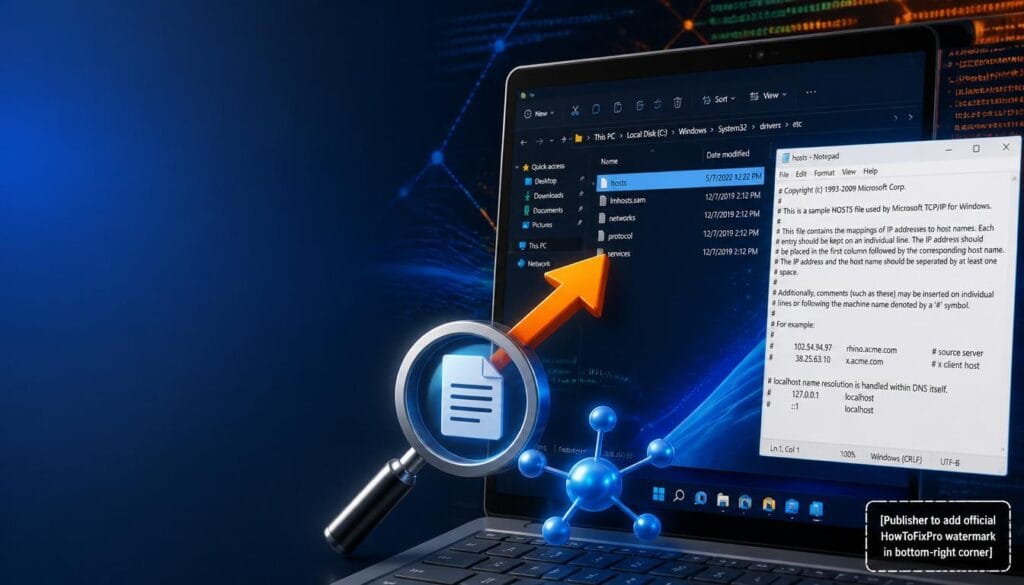 How to check hosts file Windows guide showing File Explorer and Notepad with hosts file content.