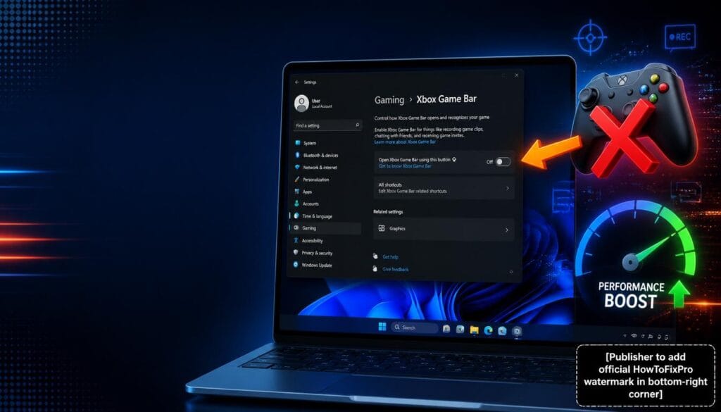 How to disable Windows Game Bar guide showing Settings with Xbox Game Bar toggle off.