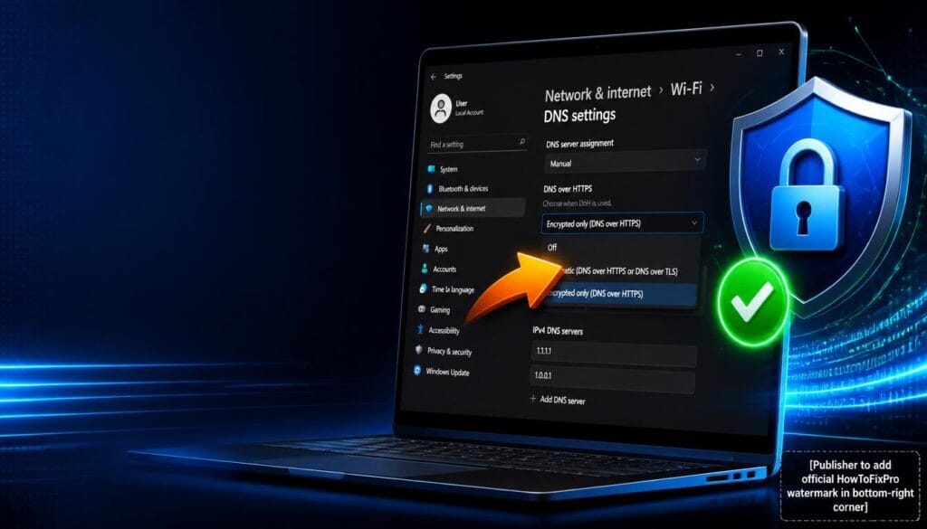 How to enable DNS over HTTPS Windows 11 guide showing DNS settings with Encrypted only option selected.