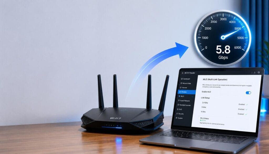 How to enable MLO Wi-Fi 7 router settings on a laptop screen.