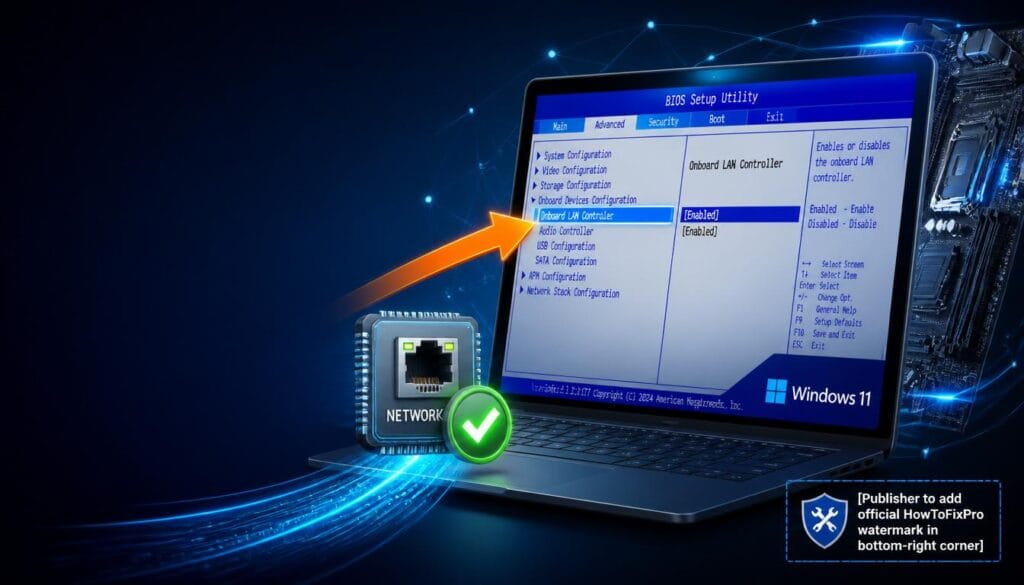 How to enable network adapter BIOS guide showing BIOS/UEFI settings with Network option highlighted.