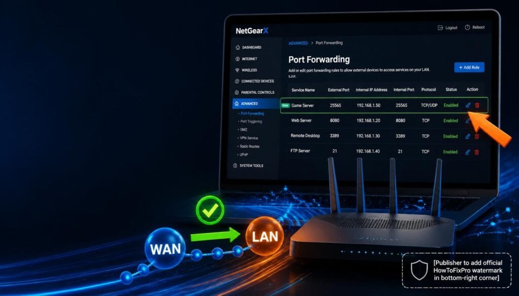 How to enable port forwarding guide showing router settings with port forwarding rule and networking graphics.
