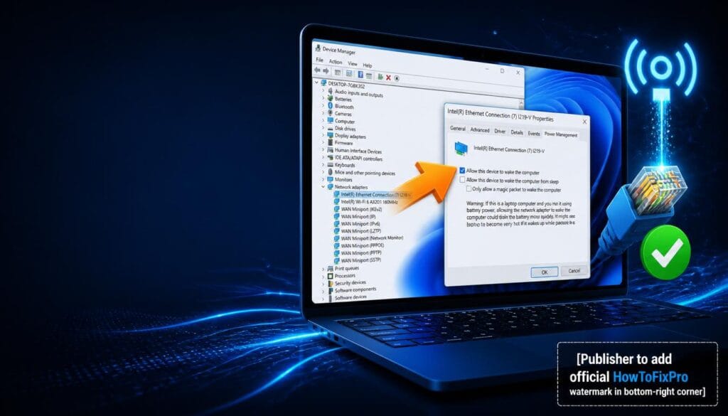 How to enable Wake on LAN Windows 11 guide showing Power Management settings for network adapter.