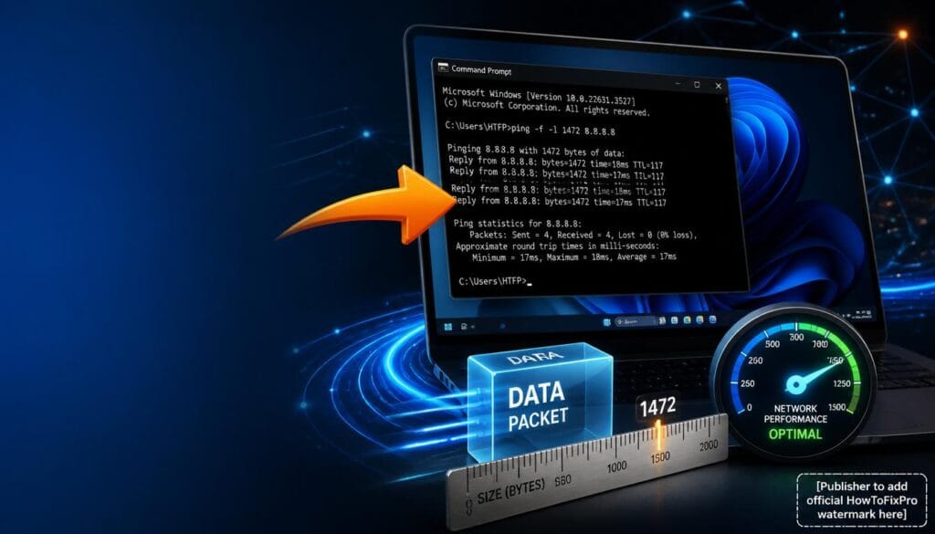 How to find optimal MTU Windows using Command Prompt ping test with network optimization graphics.
