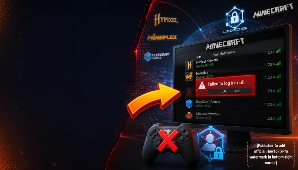 How to fix failed to log in null guide showing error message and troubleshooting graphics.