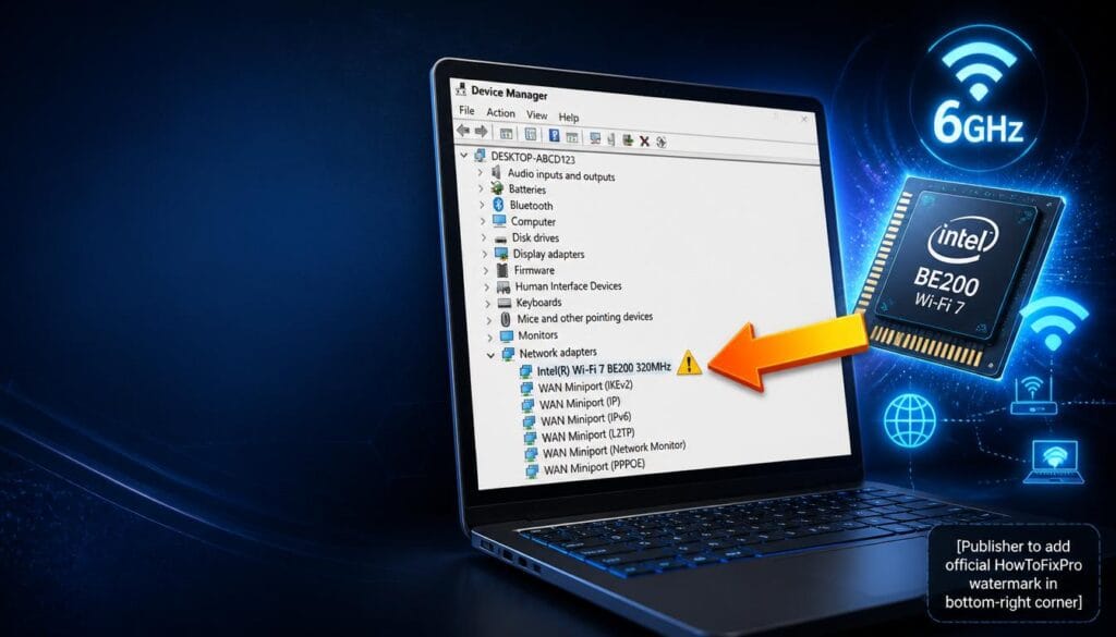 How to fix Intel BE200 driver issues showing Device Manager with yellow exclamation mark on the network adapter.