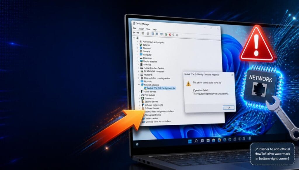 How to fix network adapter driver error guide showing Device Manager with Code 10 error and troubleshooting graphics.