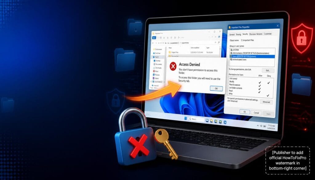 How to fix permission errors Windows guide showing Access Denied error and security settings.