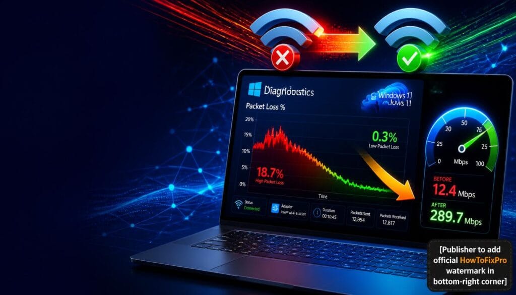 How to fix Wi-Fi packet loss guide showing network diagnostic graph with packet loss dropping from red to green.