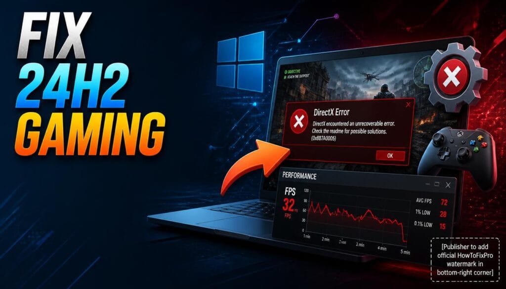 How to fix Windows 11 24H2 gaming issues guide showing FPS drops and error troubleshooting.
