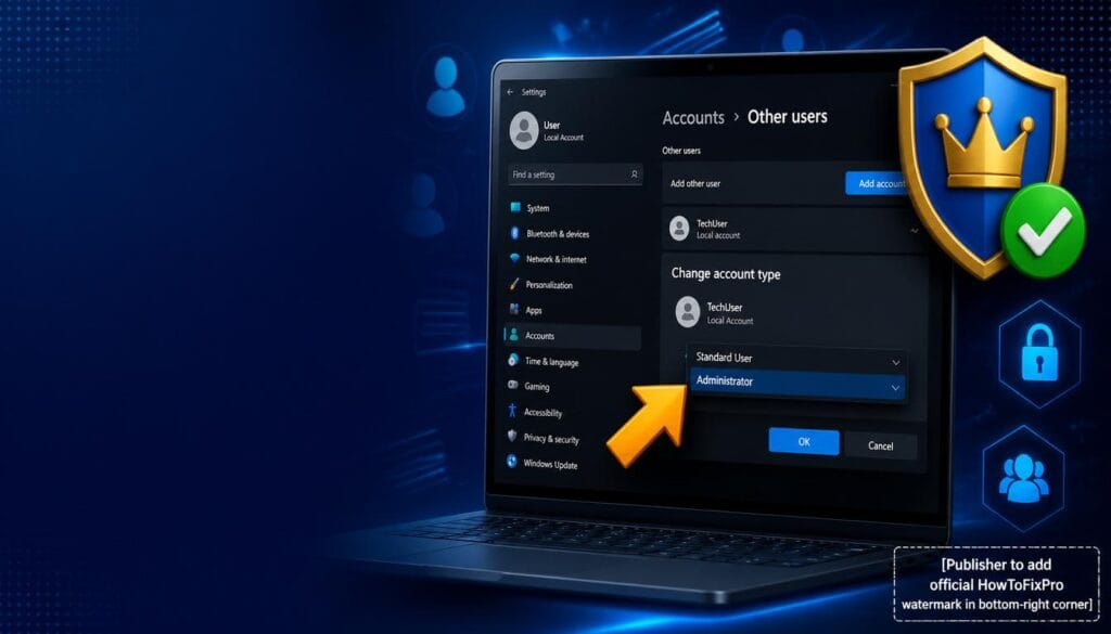 How to grant admin permissions Windows 11 guide showing Settings with Administrator account type selected.