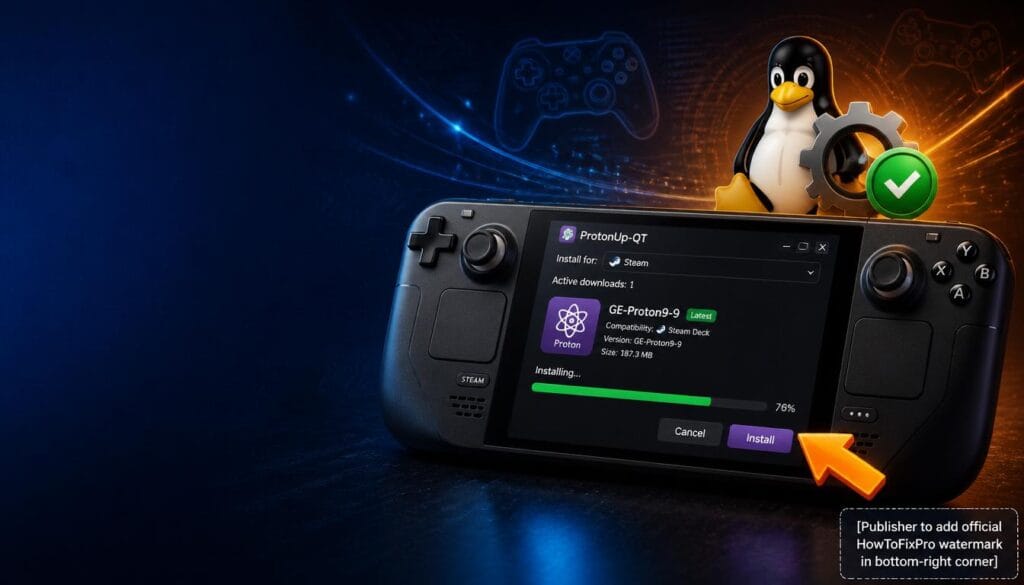 How to install Proton GE guide showing ProtonUp-QT installation progress on Steam Deck.