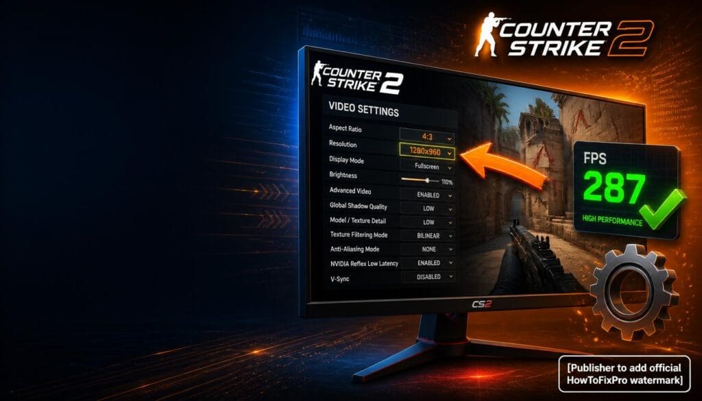 How to optimize CS2 settings guide showing video settings with 4:3 aspect ratio and 1280x960 resolution.